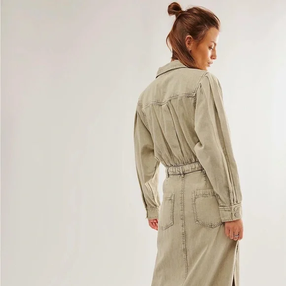 Free People Sage Denim Midi Dress Light Khaki Long Sleeve